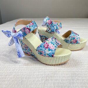 Floral Coquette Boho Womens Wedge Sandals Size 38 US 7 Ankle Tie Strap Kawaii